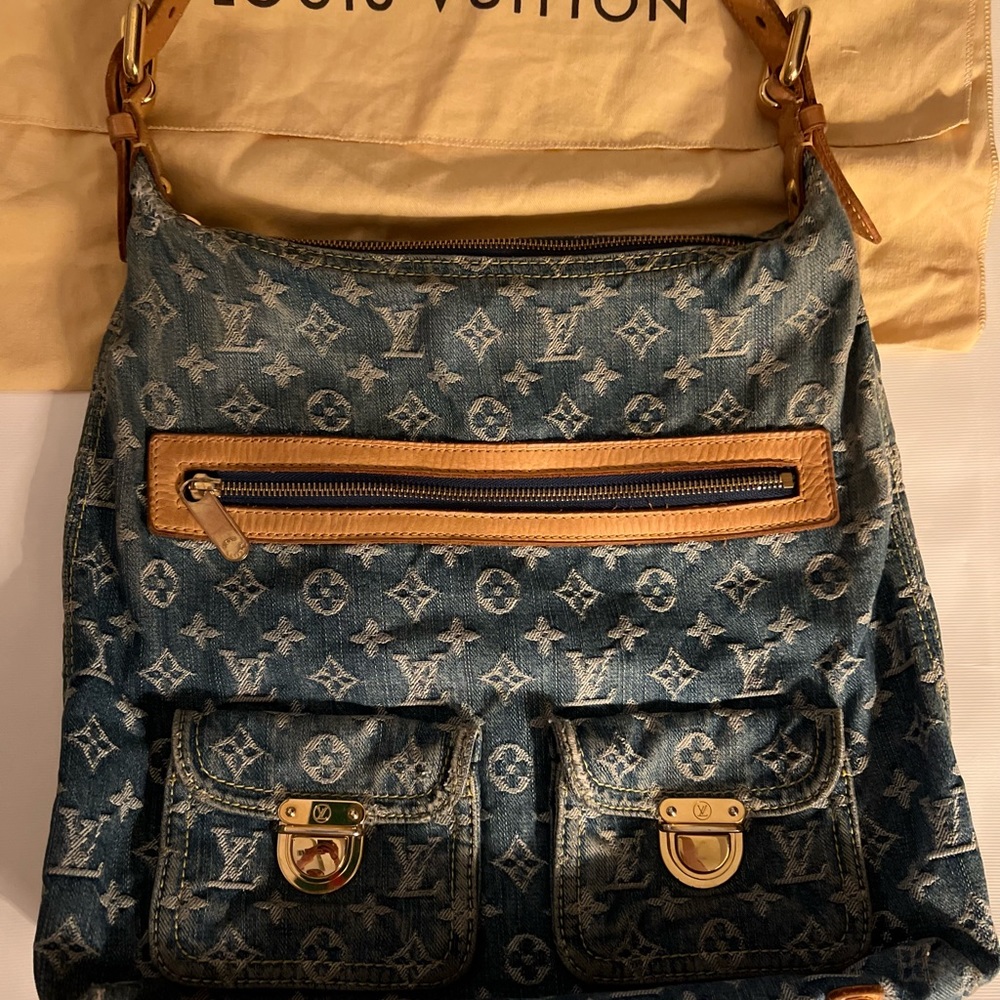 Authentic Blue Baggy Denim Monogram Louis Vuitton GM Handbag Purse